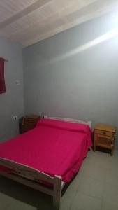 图伊海Casa de mar的卧室里有一张床，上面铺着粉色毯子