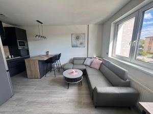 a living room with a couch and a table at Apartmán Sova in Ostrov