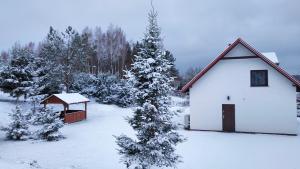 NielbarkBiały Domek Nielbark - Agroturystyka的一栋白色的房子，周围是白雪覆盖的树木和一个凉亭 更多48张照片