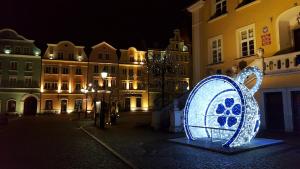 a light sculpture of a cat in a street at night at Apartament Przy Starówce - Zoni in Bolesławiec +26 photos