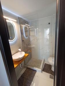 a bathroom with a shower and a sink and a toilet at Nero Apartment in Agrinion