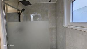 a shower with a glass door in a bathroom at Sewdien's Apartment Beverwaard in Rotterdam +20 photos
