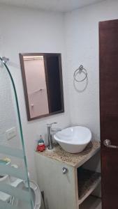 a bathroom with a white sink and a mirror at Loft Guelaguetza B in Santa Cruz Huatulco