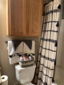 e bagno con servizi igienici e tenda per la doccia. di And Boots Start Knocking 3 beds Super Host Status a Stillwater Altre 66 foto