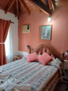 a bedroom with a bed with two pink pillows at Divina providencia in Merlo