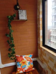 a pillow sitting next to a brick wall with a window at Torres a mais bela praia gaúcha in Torres