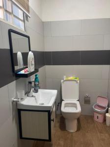 ein Badezimmer mit Toilette, Waschbecken und Spiegel in der Unterkunft Two Sisters Villa in Accra