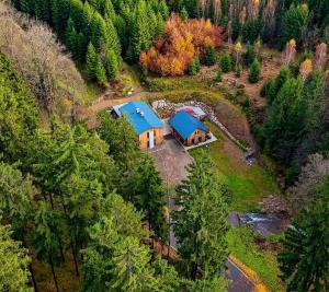 DobřanyU Zlaté Kačenky, wellness chalet的蓝色屋顶房屋的空中景致