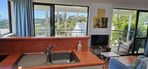 Waiheke IslandSerene One Bedroom Seaview Chalet的带水槽的厨房和客厅