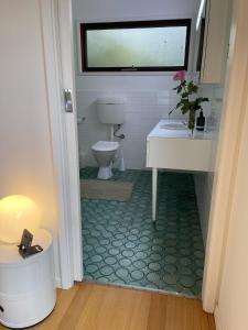 een badkamer met een toilet en een wastafel met een raam bij Lorne Beach House in Lorne