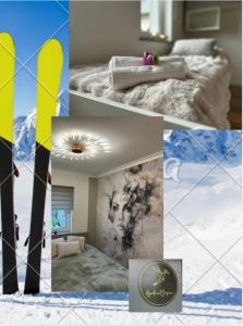 a collage of pictures of a bedroom with a snowboard at Apartament Origami - IDEALNY- ocena gości in Kudowa-Zdrój