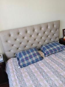 un letto con due cuscini sopra in una camera da letto di Departamento en la cuida de cuenca todo amoblado capacidad 10 personas a Cuenca