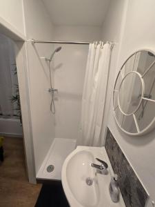 a bathroom with a sink and a mirror and a shower at Stokey Six in London