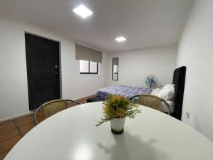 库里科Habitación doble con Jacuzzi的房间里有一张桌子，桌子上放着一瓶花。