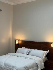 坎帕拉Dee furnished homes Kyanja的卧室里有一张白色的大床，床边还有两盏灯