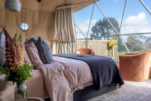 a bedroom with a bed and a large window at Mount Gnomon Farm in Penguin +63 photos