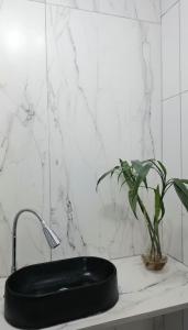 uma pia preta em cima de uma bancada com uma planta em Casa da Angela Quarto Triplo no Rio de Janeiro