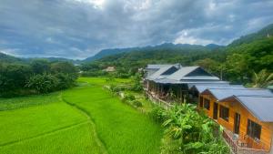 an aerial view of a house in a rice field at Meadow Mai Chau Homestay in Mai Châu