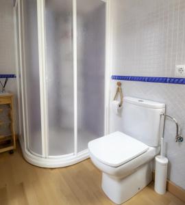 ein weißes Badezimmer mit Dusche und Toilette in der Unterkunft Casa rural Casa Leles in Lagata + 17 Fotos