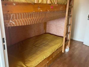 普华露Pra-Loup 1600: Studio cosy 4 pers, vue vallée, centre station - FR-1-165A-207的一张木制双层床，上面铺着黄色床垫。