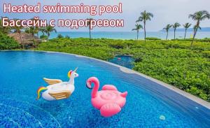 Horizon Resort & Spa Yalong Bay-Yalong Bay Central في سانيا: اثنين من فلامنغو وردي في مسبح في منتجع