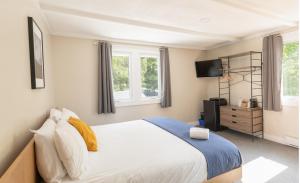 a bedroom with a bed and a tv and windows at Bonnie View Inn in Haliburton