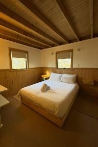 丁诺高原Tanglewood的卧室里有一张白色的大床，还有两扇窗户