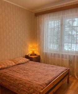 ein Schlafzimmer mit einem Bett und einem Fenster in der Unterkunft The Lake House "Ausatas" in Dobele