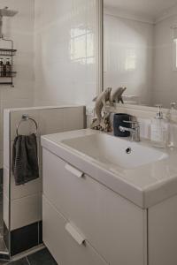 默威伦巴The Little River Cottage - Riverfront Retreat的一间白色浴室，配有洗手池和镜子。