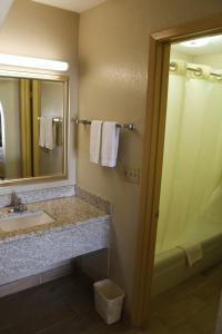 a bathroom with a sink and a mirror and a shower at Great Western Inn & Suites in Carlsbad