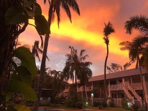 a building with palm trees in front of a sunset at Tropic Drift in Airlie Beach