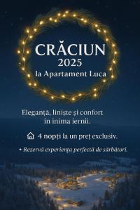 Un cartel para un evento en la montaña con luces. en Apartament Luca, en Călimăneşti