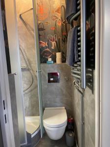 基尔Altbaucharme Deluxe mit Balkon的带厕所和淋浴的小浴室