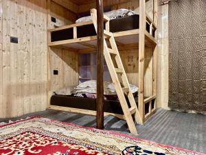 a bunk bed in a wooden room with a rug at SpitiDiaries Homestay in Kaza
