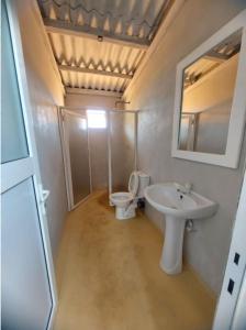 a bathroom with a sink and a toilet and a mirror at Laguna Beach Garden in Uswetakeiyawa