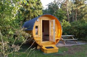 Campingfass im Naturresort Weserinsel في Langwedel: منزل خشبي صغير مع طاولة نزهة في الفناء +4 صور