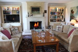 ein Wohnzimmer mit zwei Sofas und einem Kamin in der Unterkunft L Oisette in Epiniac