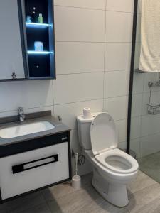 un bagno con un water, un lavandino e uno specchio di Le Prestige Appartement à Oloumi a Libreville Altre 19 foto