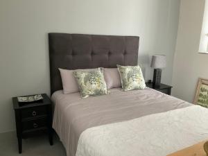 a bedroom with a large bed with two pillows at Ginnys Place in Gaborone