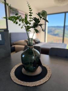 a green vase with flowers in it on a table at Studio cosy au Crêt du Chardon in Chambost-Allières