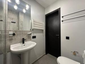 un bagno con lavandino, WC e specchio di Iliani Hotel a Tbilisi City