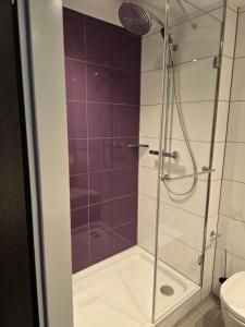 a shower with a glass door in a bathroom at Premier Inn Duisburg City Altstadt in Duisburg