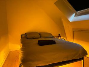 - une chambre avec un lit dans une pièce jaune dans l'établissement La Terrasse du Havre, au Havre