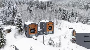 鲁容贝罗克Malinô Apartments - Chalets in Ski & Bike Park的雪覆盖森林中间的房子