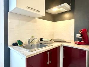 een keuken met een wastafel en rode kasten bij Le Cocon Urbain - Spacieux - Hyper Centre in Mont-de-Marsan
