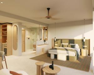 een slaapkamer met een groot bed en een badkamer bij Ipanema Park in El Arenal