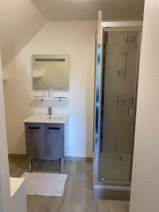 a bathroom with a sink and a shower at B&B de Saint Come de Fresné in Saint-Côme-de-Fresné