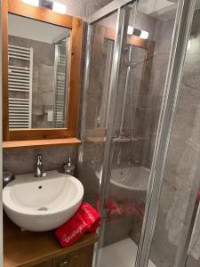 ein Badezimmer mit Waschbecken und Dusche in der Unterkunft The Courma - warm 4 family with Mont Blanc view in Verrand + 19 Fotos