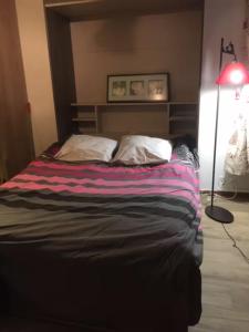 a bed in a room with a lamp and a bed sidx sidx sidx at Studio centre station in Vars +2 photos