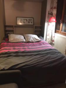 a bed with two pillows and a striped blanket at Studio centre station in Vars